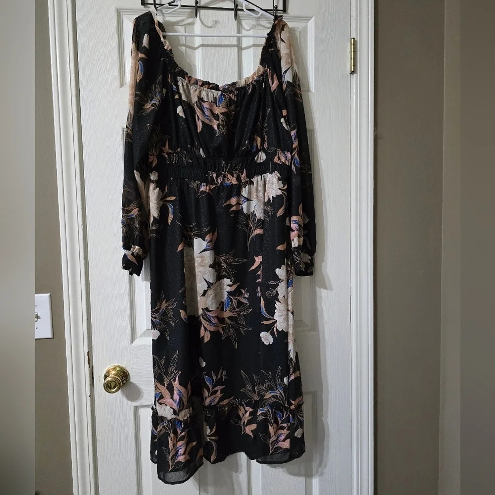 Winslow Puff Shoulder Square Ruffled Neckline Flowy Maxi Dress, Plus Sz 1X, EUC!